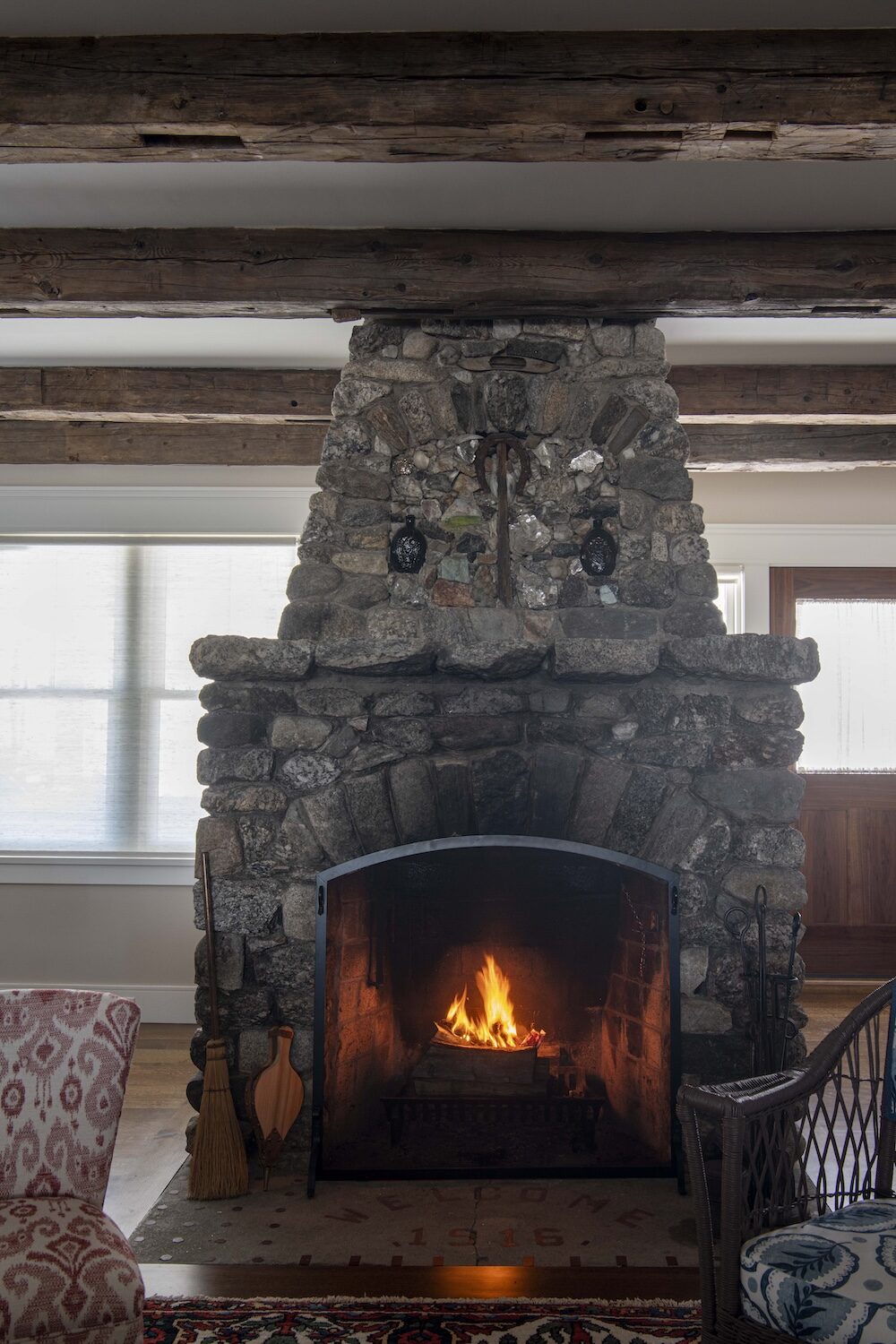 Hammond Design Old Stone Fireplace Exposed Wood Beam Ceiling