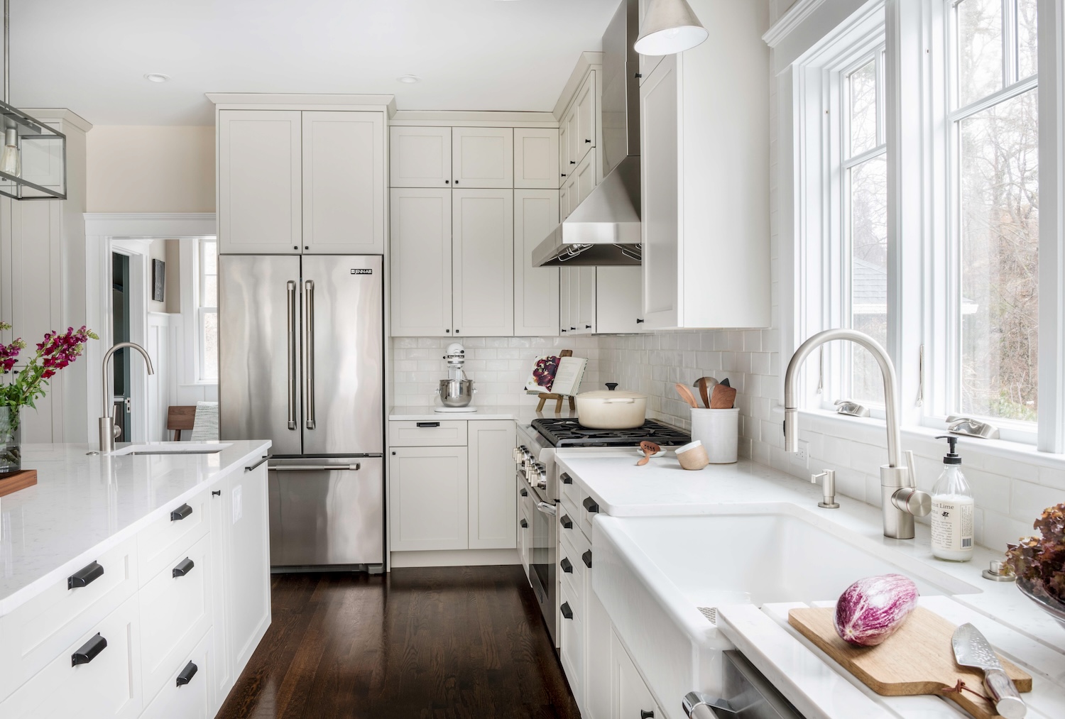 Kitchen Design White Cabinetry Dark Wooden Floors