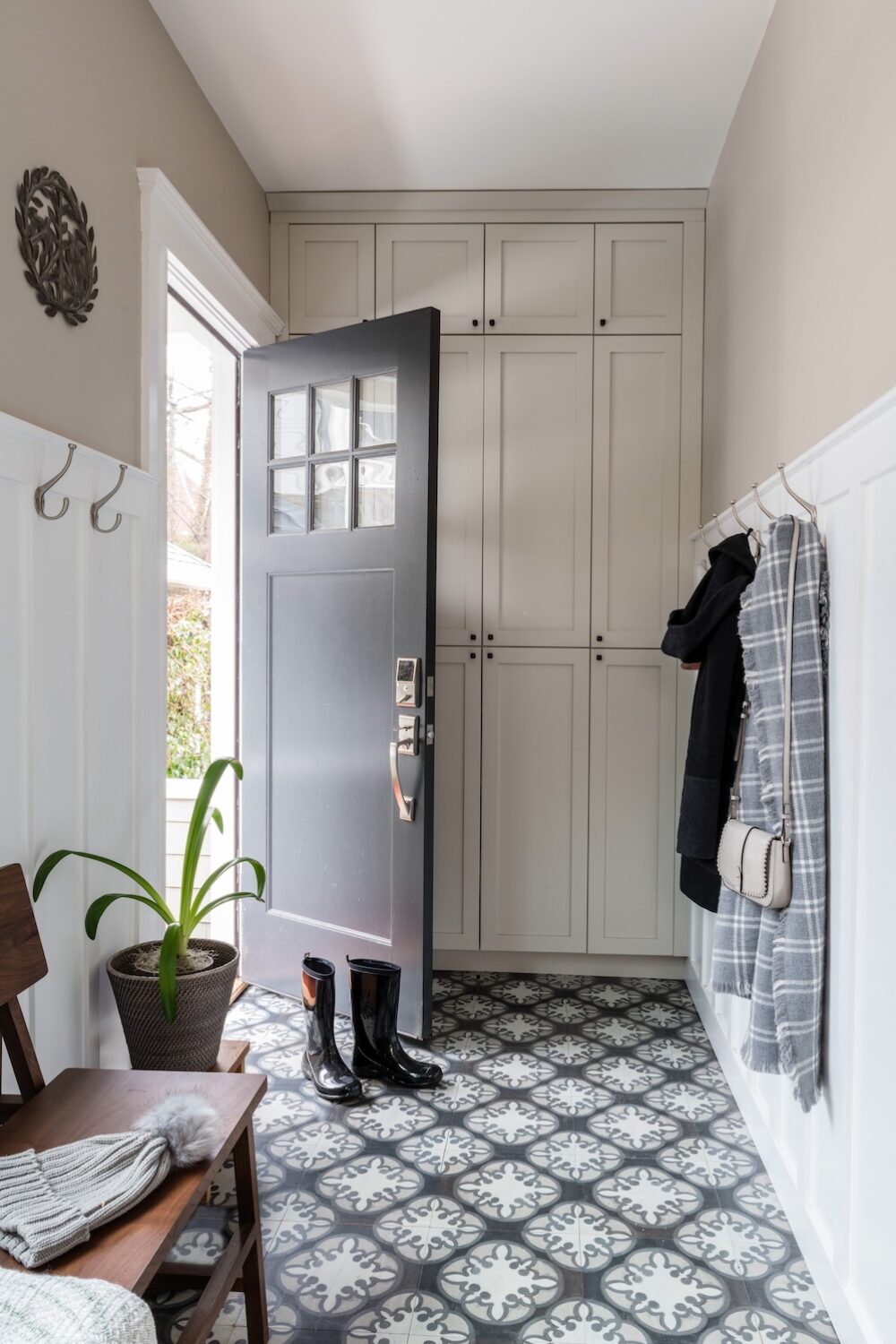 Mudroom Interior Design Tile Floor Cabinet Storage