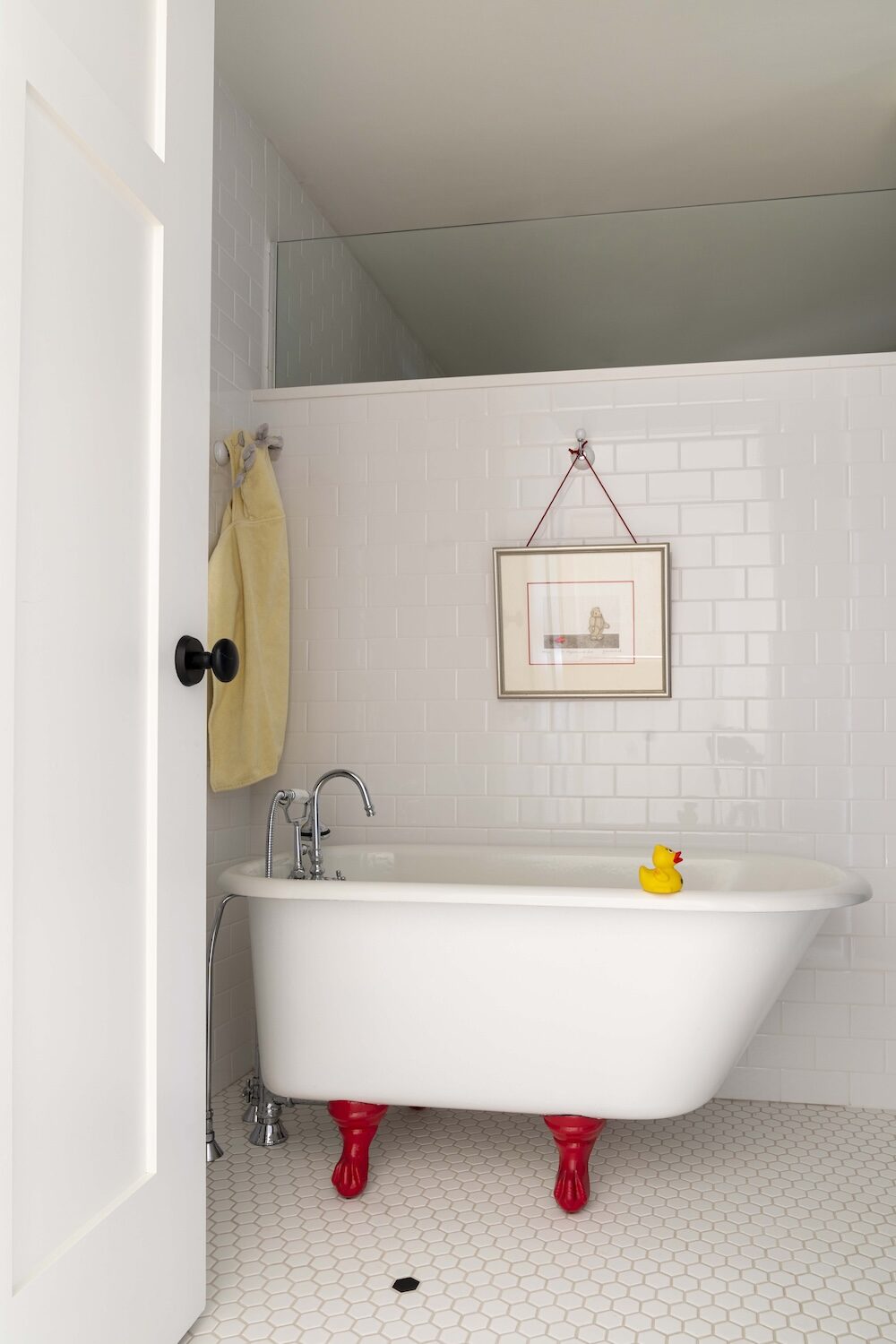 Red Clawfoot Tub White Subway Tile