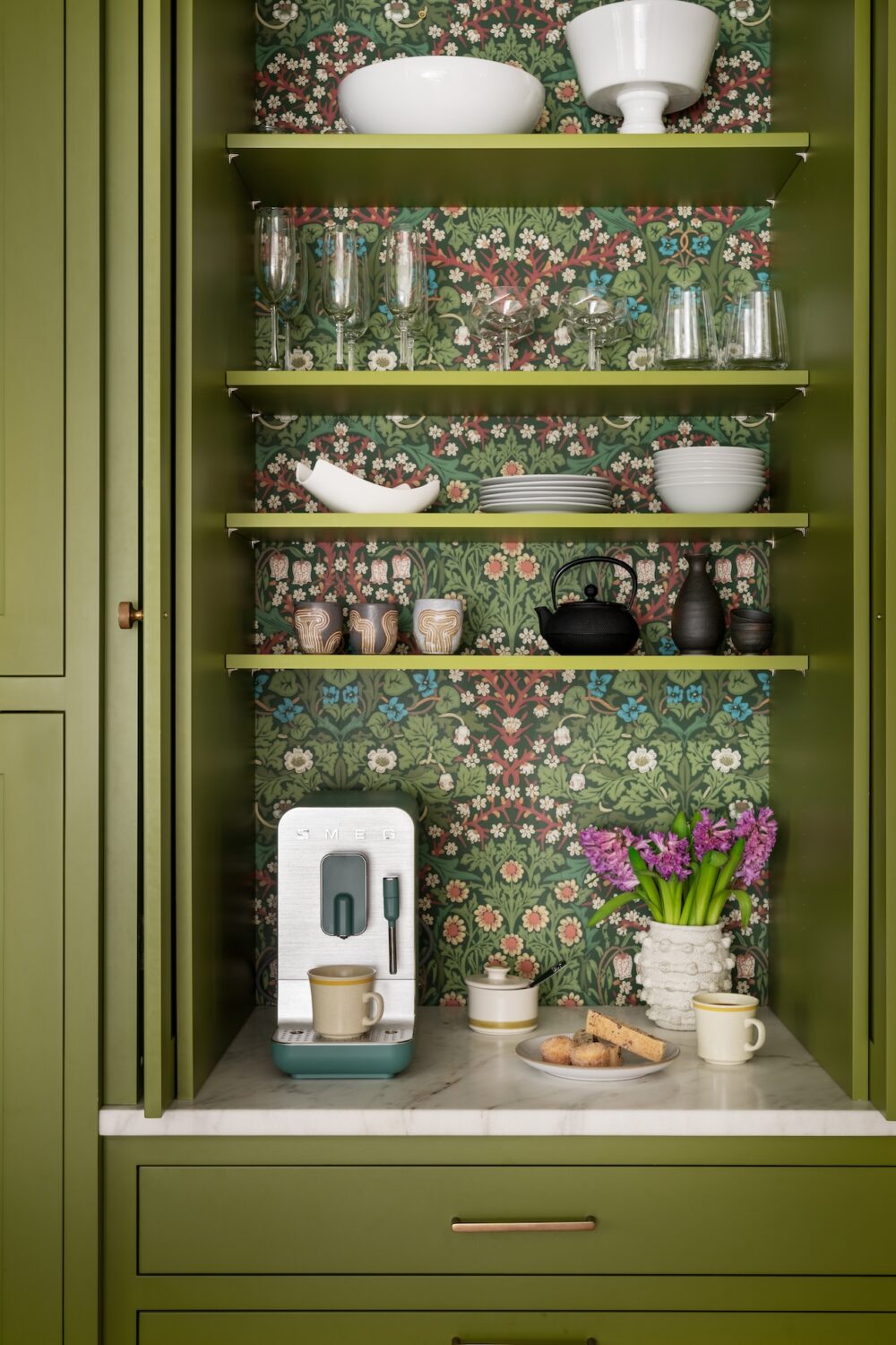 Hidden Coffee Station And Shelves Kitchen Design Arlington Ma